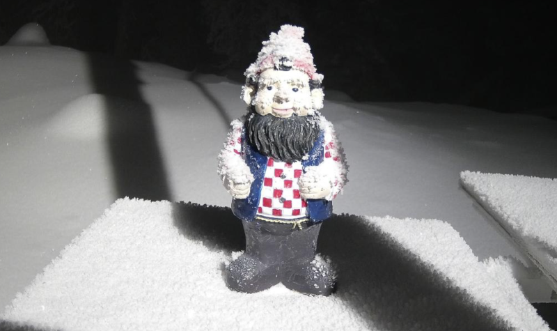 A garden gnome standing in a dusting of snow demonstrates how little snow there is.